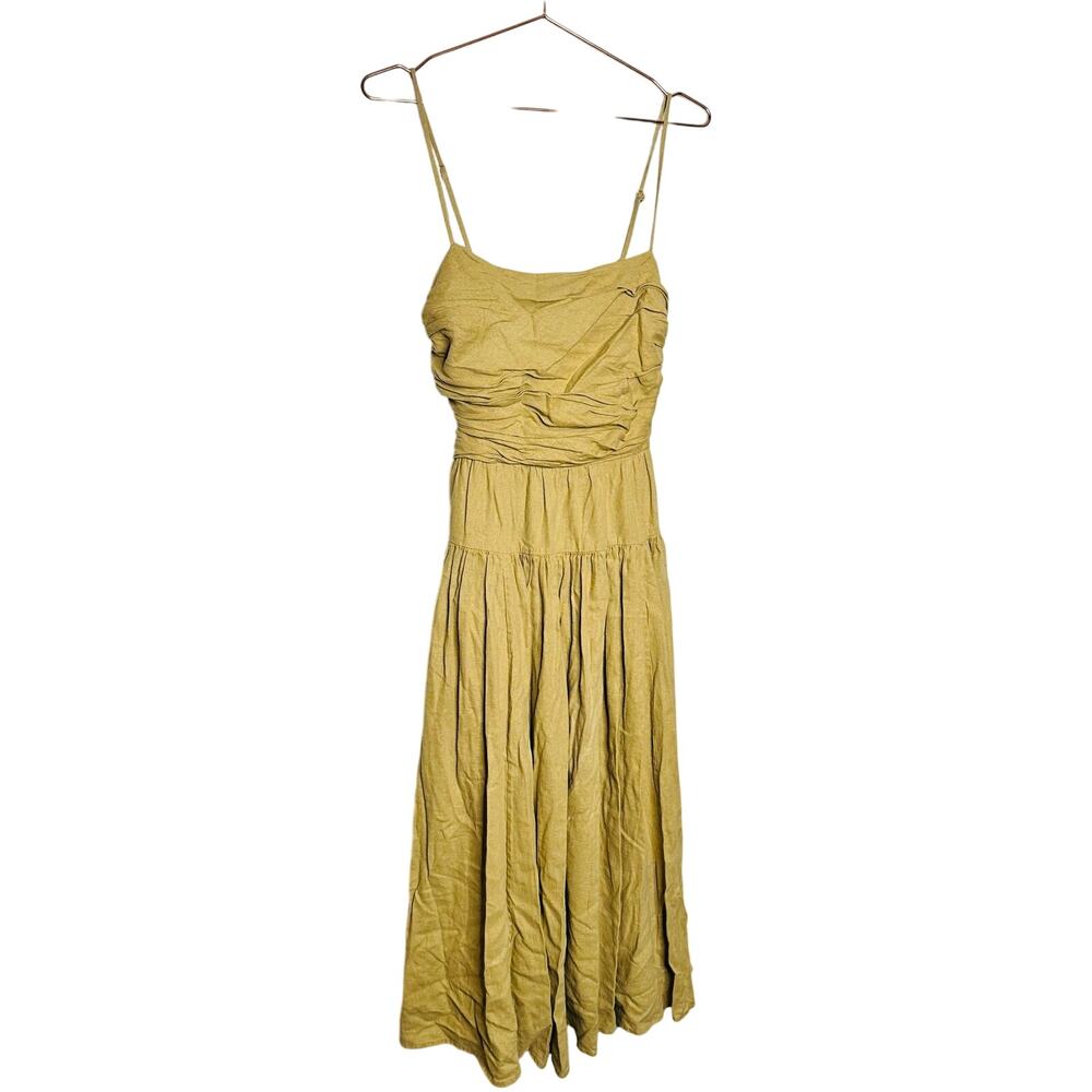 TOCCIN x RTR Brown Khaki Square Neck Ruched Bodice Tie Waist Midi Dress Size 8 - Picture 3 of 11